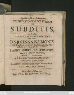 Disputationem Politicam De Subditis