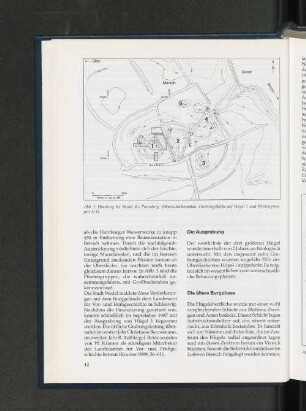 Abb. 1: Hatzburg bei Wedel, Kr. Pinneber, Höhenschichtenplan, Grabungsfläche auf Hügel 1 und Pfostengruppen A-G.