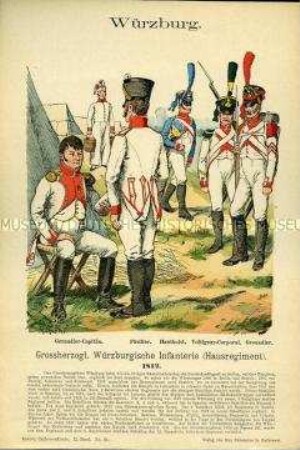 Uniformdarstellung, Grenadier-Kapitän, Füsilier, Hoboist, Voltigeur-Korporal und Grenadier der Infanterie, Großherzogtum Würzburg, 1812.