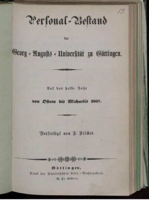 SS 1867: Personal-Bestand der Georg-Augusts-Universität zu Göttingen