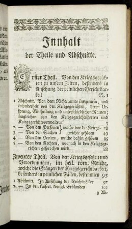 Innhalt der Theile und Abschnitte.