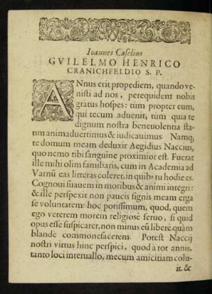 Ioannes Caselius Guilelmo Henrico Cranichfeldio S. P.