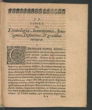 Caput I. De Etymologia, homonymia, Synonimia, Definitione, & gradibus torturae.