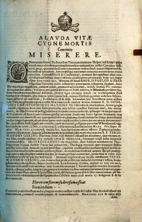 Alavda Vitae Cygne Mortis Concinite Miserere ... : [... Passavium 17. Calend. Januarij 1680.]