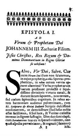 Epistola I. Ad Virum & Prophetam Dei Johannem III. Zachariæ Filium