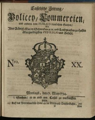 Nro. XX, Montags, den 17. May 1734