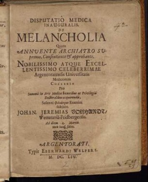 Disputatio Medica Inauguralis, De Melancholia