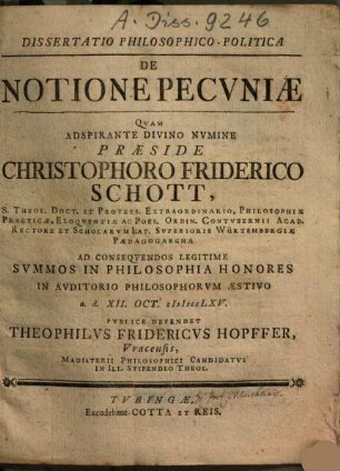 Dissertatio Philosophico-Politica De Notione Pecuniae