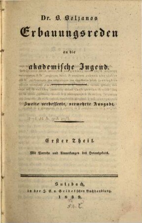 Dr. B. Bolzanos Erbauungsreden an die akademische Jugend, 1