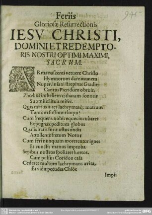 Feriis Gloriosae Resurrectionis Iesv Christi, Domini et Redemptoris Nostri Optimi Maximi, Sacrum / Simon Dachius