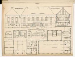 Gemeindehaus Monatskonkurrenz Oktober 1919: Grundriss Erdgeschoss, Obergeschoss, Aufriss Straßenansicht, Seitenansicht, Querschnitt, 2 Detailquerschnitte 1:100; perspektivische Ansicht; Maßstabsleiste