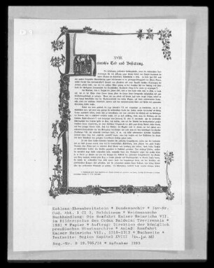 Die Romfahrt Kaiser Heinrichs VII. im Bildercyclus des Codex Balduini Trevirensis — Textseite: Beginn Kapitel XVIII