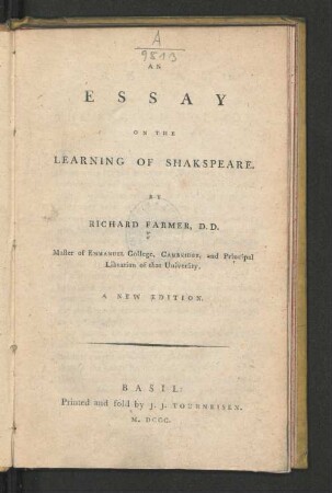 An Essay On The Learning Of Shakspeare