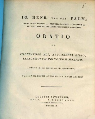 Oratio de imperatore Ali, Abu-Talebi filio, Saracenorum principum maximo