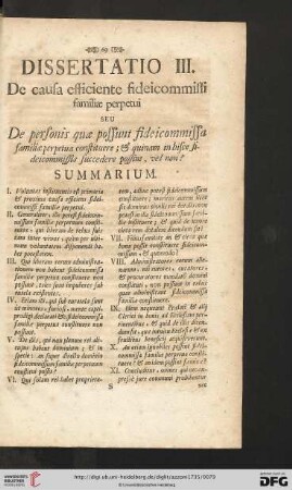 Dissertatio III: De causa efficiente fideicommissi familiæ perpetui