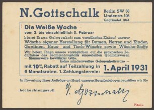 Werbepostkarte Kaufhaus "N. Gottschalk", Lindenstraße 106