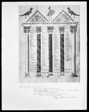 Evangeliar Heinrichs 2. — Kanontafel mit drei Vögeln, in den Innenfeldern der Giebel Waage und Skorpion, Folio 18verso