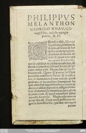 Philippus Melanthon Georgio Rhau, Georgii Filio, indolis egregiae puero, S. D.
