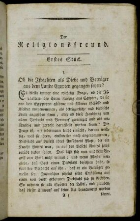 I. Ob die Israeliten als Diebe und Betrüger aus dem Lande Egypten gegangen seyen?