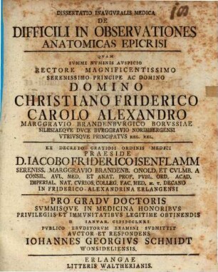 Dissertatio Inavgvralis Medica De Difficili In Observationes Anatomicas Epicrisi. [1]