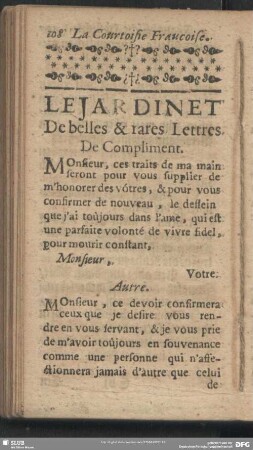 Le Jardinet De belles & rares Lettres De Compliment. Gärtlein schöner und rarer Compliment-Brieffe