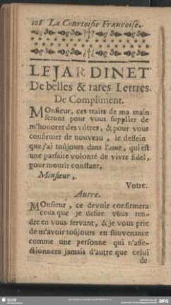 Le Jardinet De belles & rares Lettres De Compliment. Gärtlein schöner und rarer Compliment-Brieffe