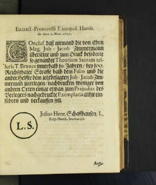 Extract Protocolli Extrajud. Hamb. de dato 2. Nov. 1692.
