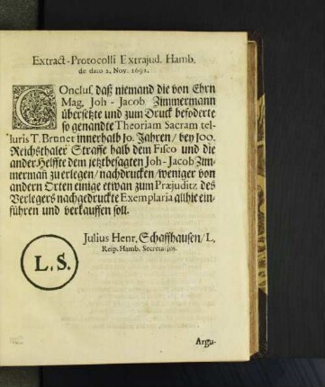 Extract Protocolli Extrajud. Hamb. de dato 2. Nov. 1692.