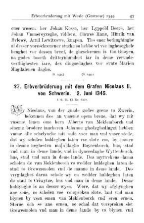 27. Erbverbrüderung mit dem Grafen Nicolaus II. von Schwerin. 2. Juni 1345.