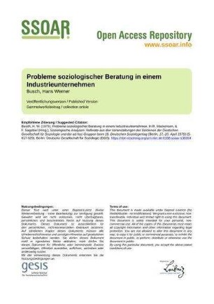 Probleme soziologischer Beratung in einem Industrieunternehmen