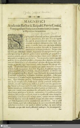 Magnifici Academiae Rector & Reipubl. Patriae Consul, Vosque reliqui Exequiatores omnium Ordinum ac Dignitatum Honoratissimi