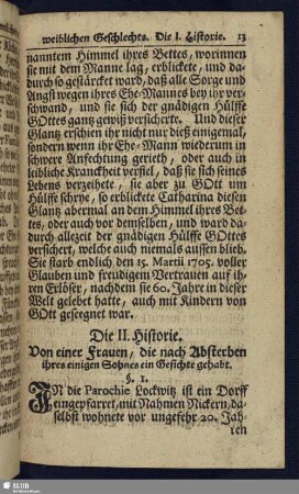 Die II. Historie. Von einer Frau, die nach Absterben ihres einigen Sohnes ein Gesichte behabt