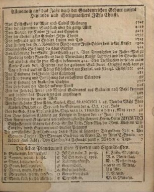 Allmanach auf das Jahr nach der Gnadenreichen Geburt unsers Heylands und Seeligmachers Jesu Christi.