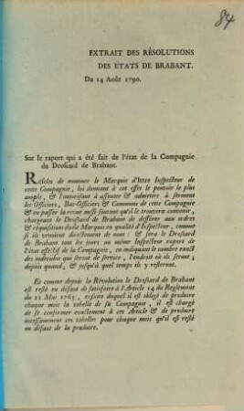 Extrait Des Résolution Des États De Brabant. Du 14 Août 1790