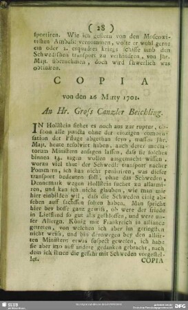Copia von den 26. Marty 1701