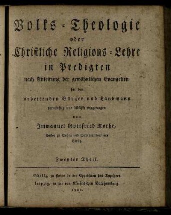 2: Volks-Theologie oder Christliche Religions-Lehre in Predigten. Zweyter Theil