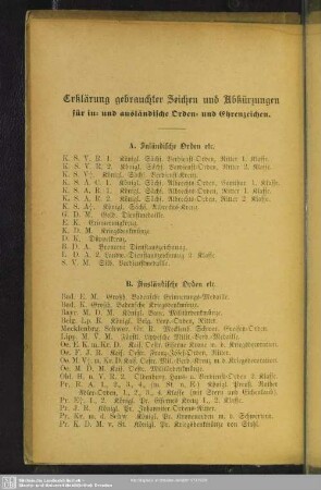 Erklärung gebrauchter Zeichen und Abkürzungen für in- und ausländische Orden- und Ehrenzeichen