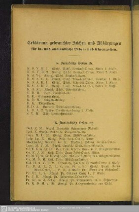 Erklärung gebrauchter Zeichen und Abkürzungen für in- und ausländische Orden- und Ehrenzeichen