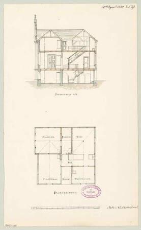 Ländliches Wohnhaus, Berlin-Lichterfelde Monatskonkurrenz April 1881: Grundriss Obergeschoss, Querschnitt; Maßstabsleiste