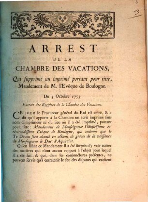 Arrest De La Chambre Des Vacations, Qui supprime un imprimé portant pour titre, Mandement de M. l'Évêque de Boulogne Du 5 Octobre 1753 : Extrait des Registres de la Chambre des Vacations