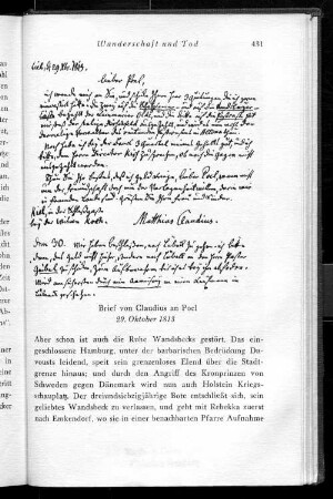 Brief von Claudius an Poel 29. Oktober 1813