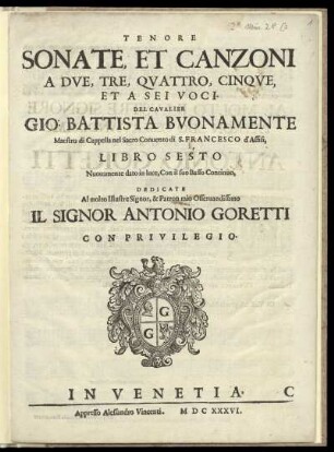 Giovanni Battista Buonamente: Sonate et canzoni a due, tre, quattro, cinque, et a sei voci ... libro sesto. Tenore