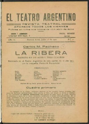 1920003100: La ribera : sainete en un acto y tres cuadros