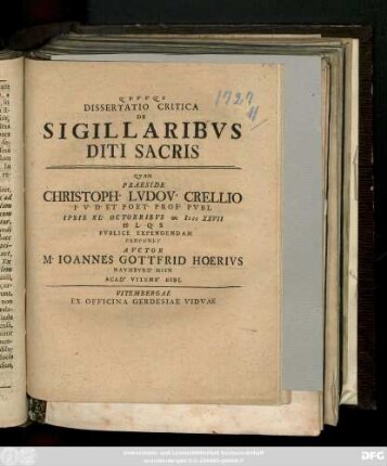 Dissertatio Critica De Sigillaribvs Diti Sacris