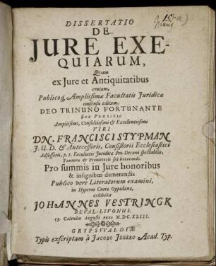 Dissertatio De Iure Exequiarum, Quam ex Iure et Antiquitatibus erutam ...