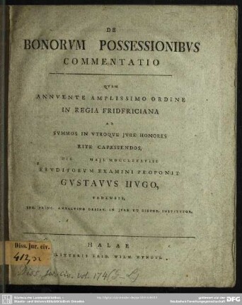 De Bonorum Possessionibus Commentatio