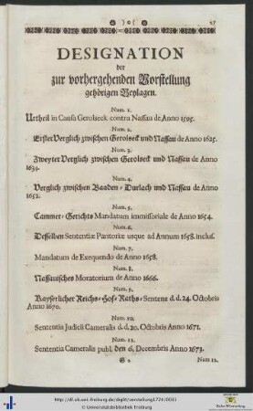 Designation der zur vorhergehenden Vorstellung gehörigen Beylagen