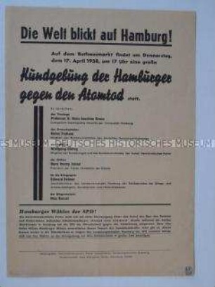 Flugblatt mit dem Aufruf der SPD Hamburg zu einer Kundgebung gegen die atomare Aüfrüstung
