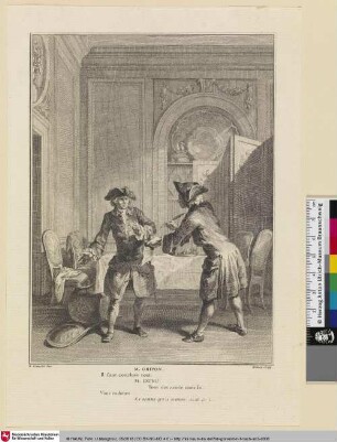 [Illustration zu Texten von Voltaire - Eine Szene aus der Komödie "La Femme qui a raison"]