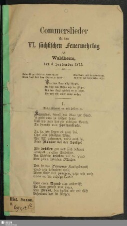 Commerslieder für den VI. sächsischen Feuerwehrtag zu Waldheim, den 4. September 1875